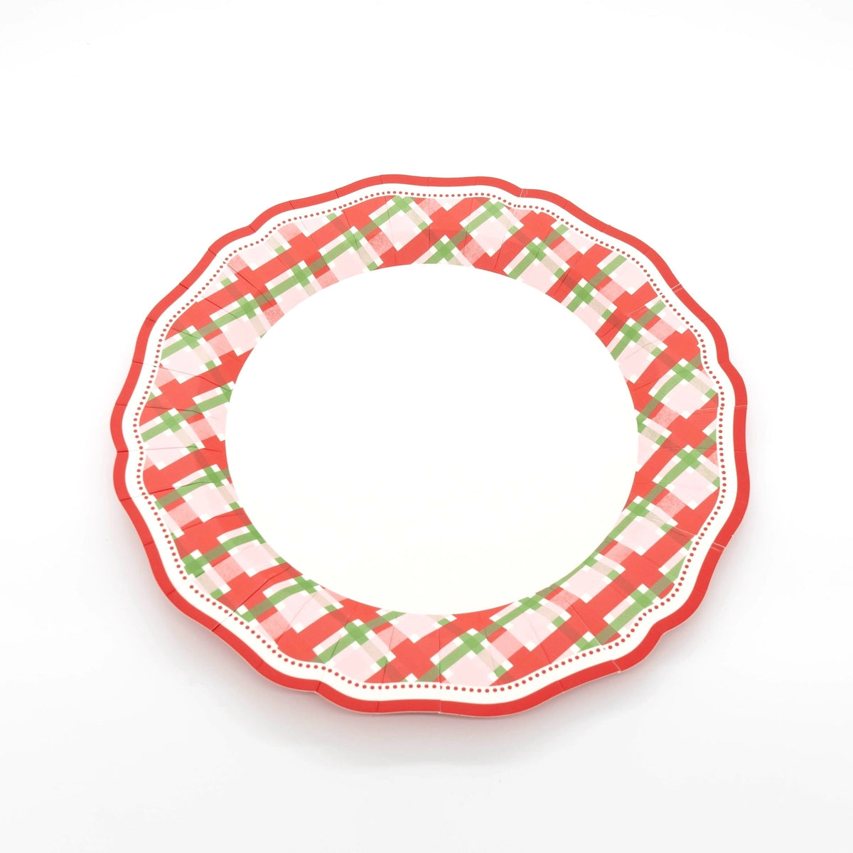 Red plaid scalloped dinner plate shown flat on a white background.
