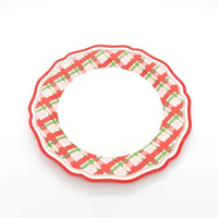 Red plaid scalloped dinner plate shown flat on a white background.