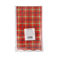 Back of red plaid napkin package with product label and barcode