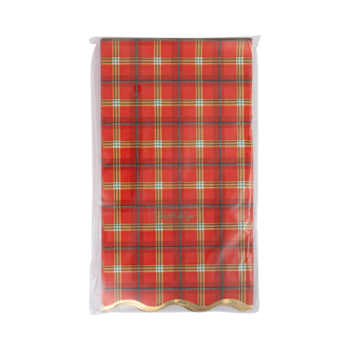Red plaid dinner napkin with gold foil scalloped edges in packaging