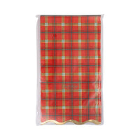 Red plaid dinner napkin with gold foil scalloped edges in packaging