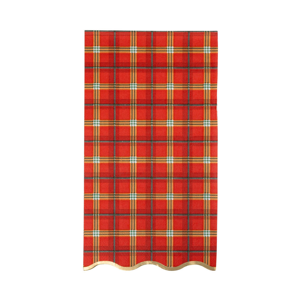 Close-up of red plaid napkin pattern with gold foil trim