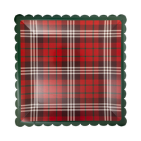Red and green tartan plaid square paper plate with green scalloped edge