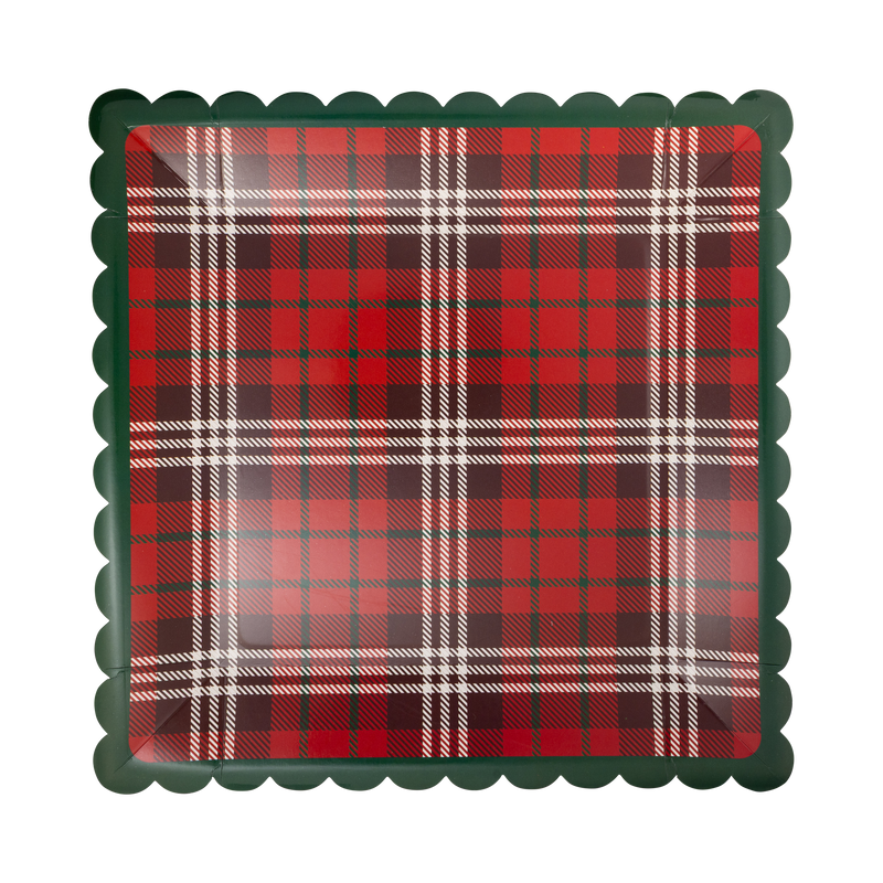 Red and green tartan plaid square paper plate with green scalloped edge