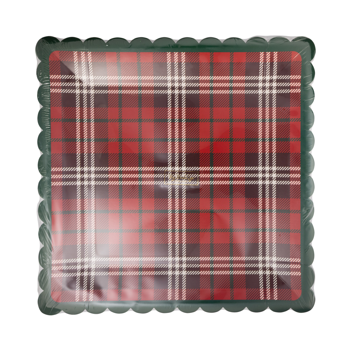 Stack of red plaid square paper plates with green scalloped edge in clear packaging