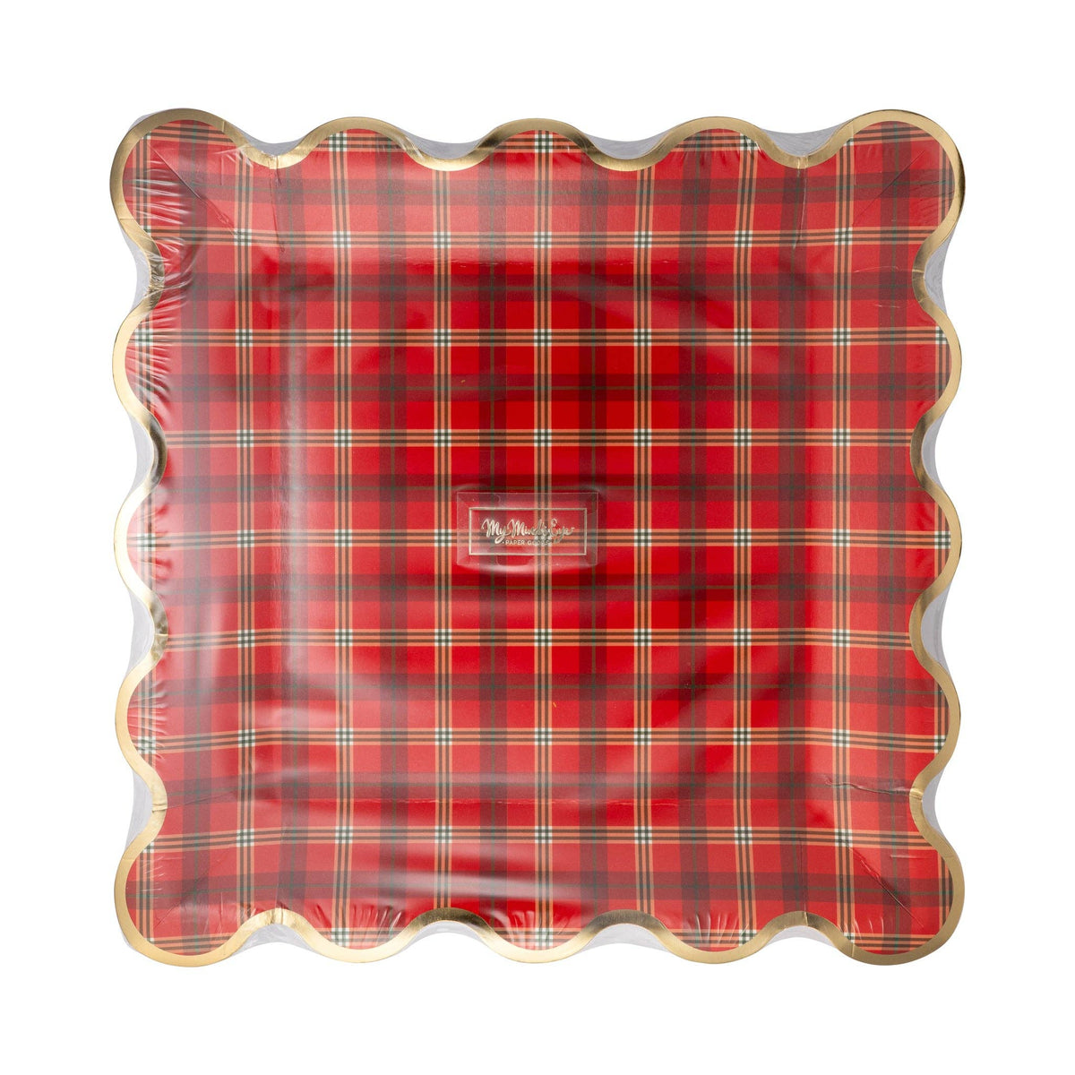Packaged red plaid scalloped plates with gold trim
