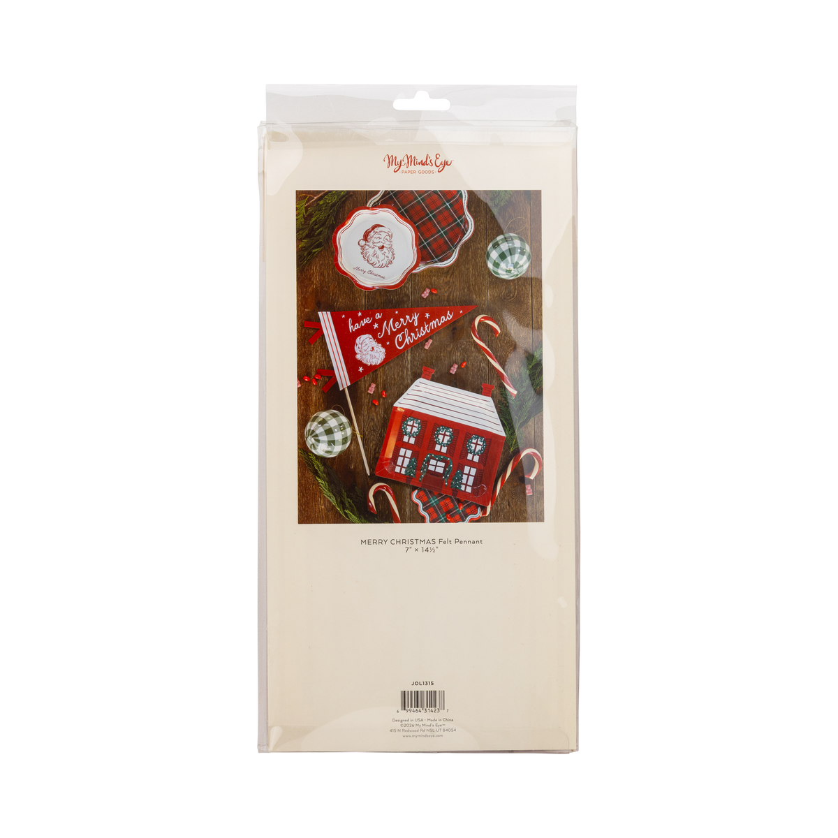 Back of the Santa felt pennant packaging showing product details and barcode
