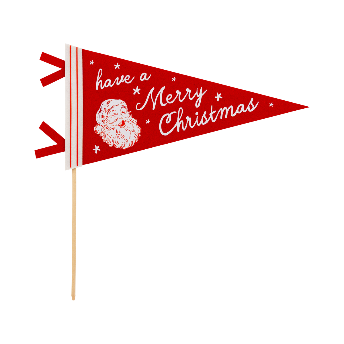Red Santa felt Christmas pennant flag with cream Merry Christmas lettering on a wooden dowel