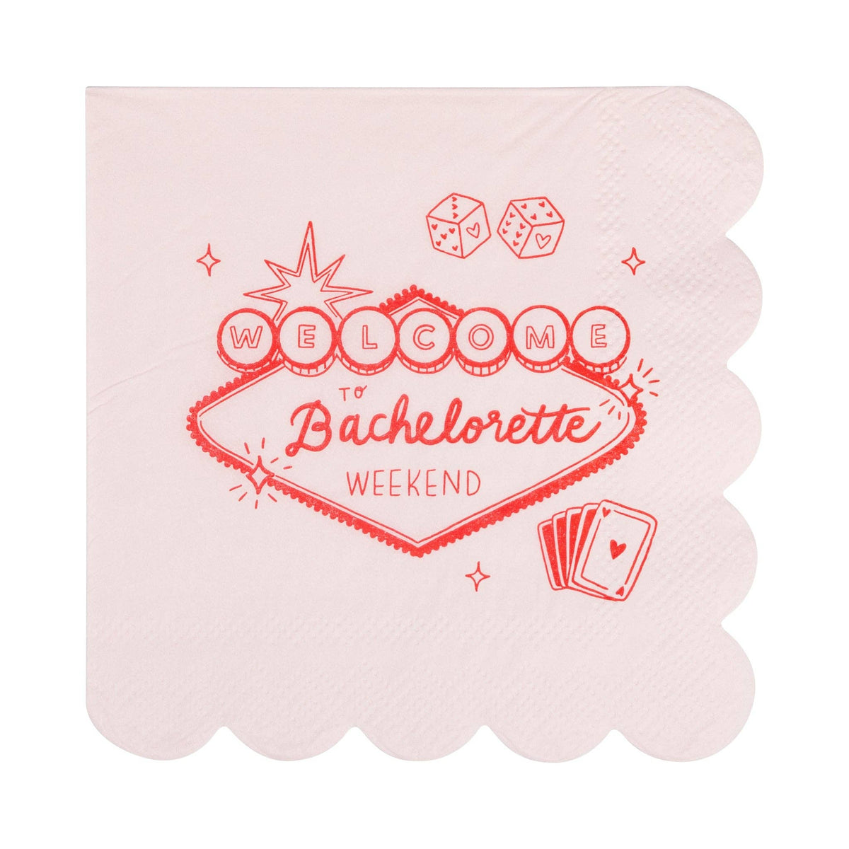 Single pink and red cocktail napkin showing the unique scalloped edge and Vegas graphics.