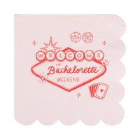 Single pink and red cocktail napkin showing the unique scalloped edge and Vegas graphics.