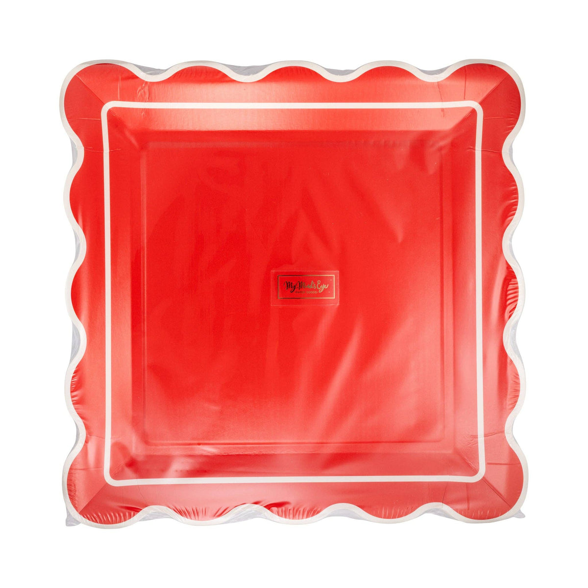 Packaged red scalloped square plates with My Mind’s Eye label