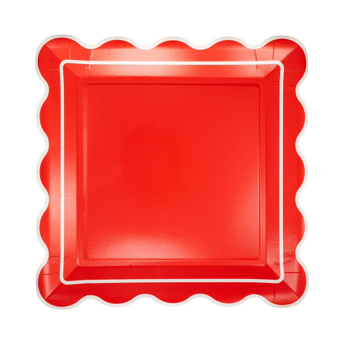 Red scalloped square plate with white trim