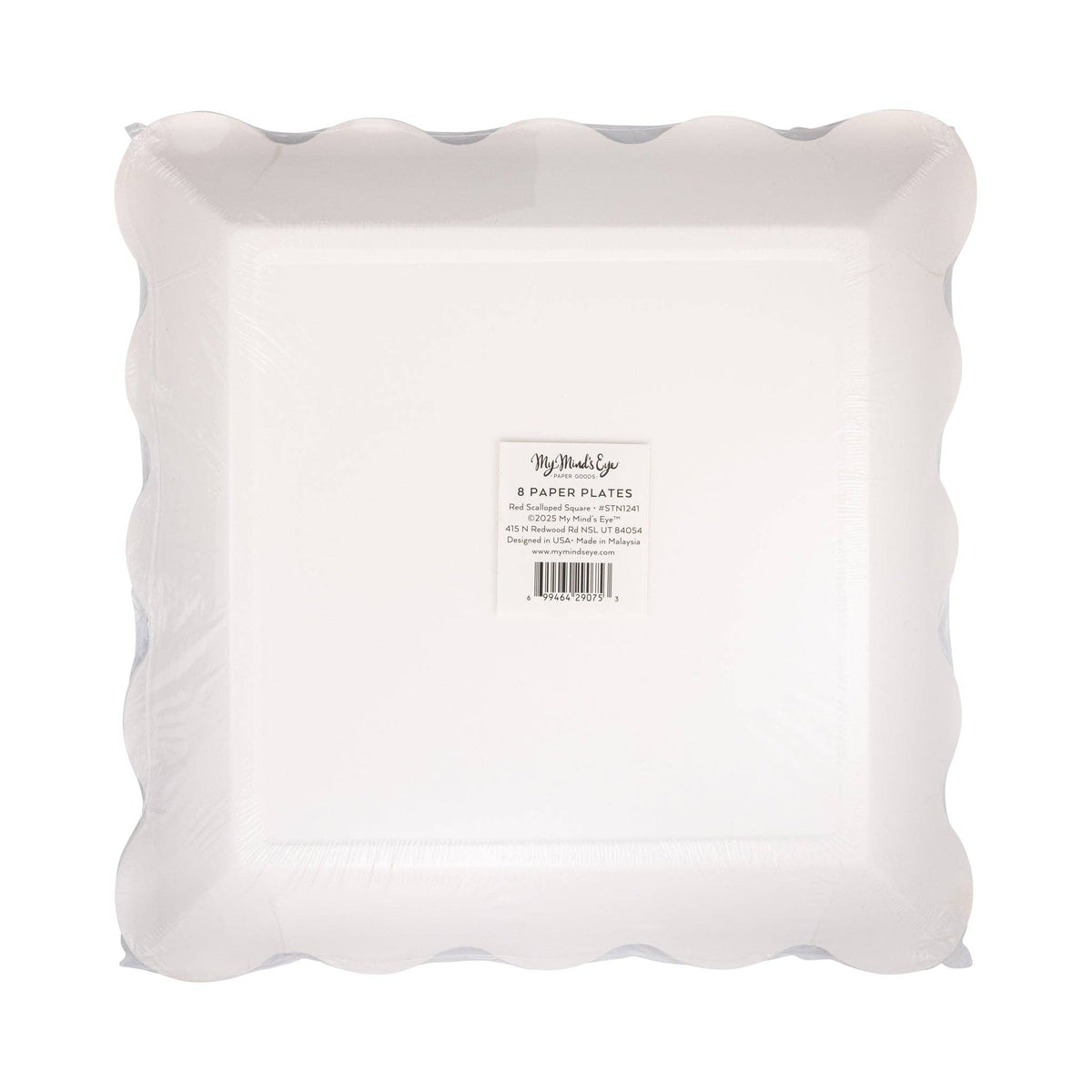 Back of red scalloped plate pack showing barcode and 8-count label