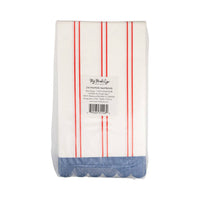 Back of red striped paper dinner napkin packaging showing 24-count label and blue scalloped fringe