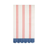 Single red striped paper dinner napkin flat lay showing pinstripe pattern and blue scalloped fringe edge