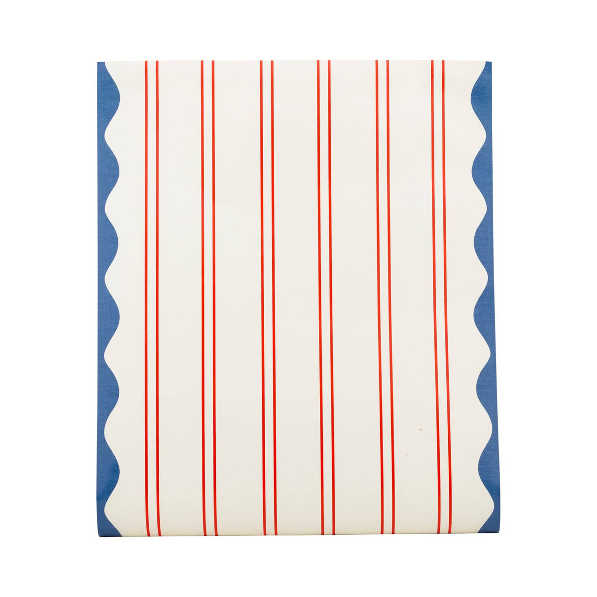 Flat lay of red striped paper table runner showing pinstripe pattern and blue wave scallop border on each edge