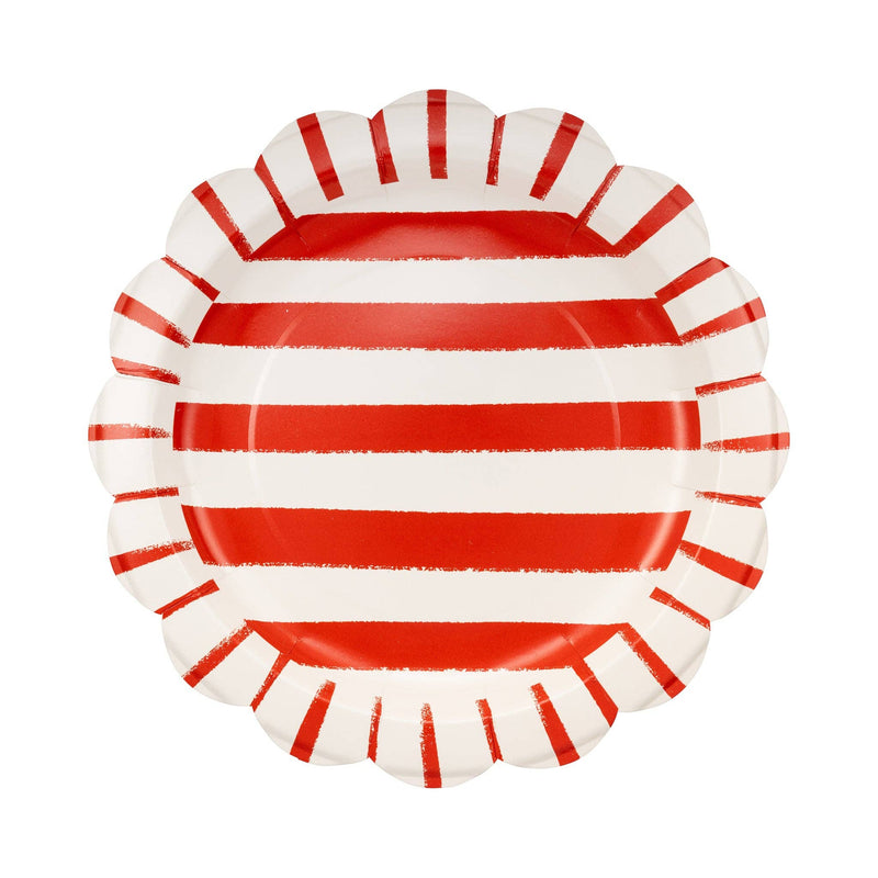 Single red and cream striped scalloped paper dinner plate on white background showing hand-painted stripe design and scalloped edge