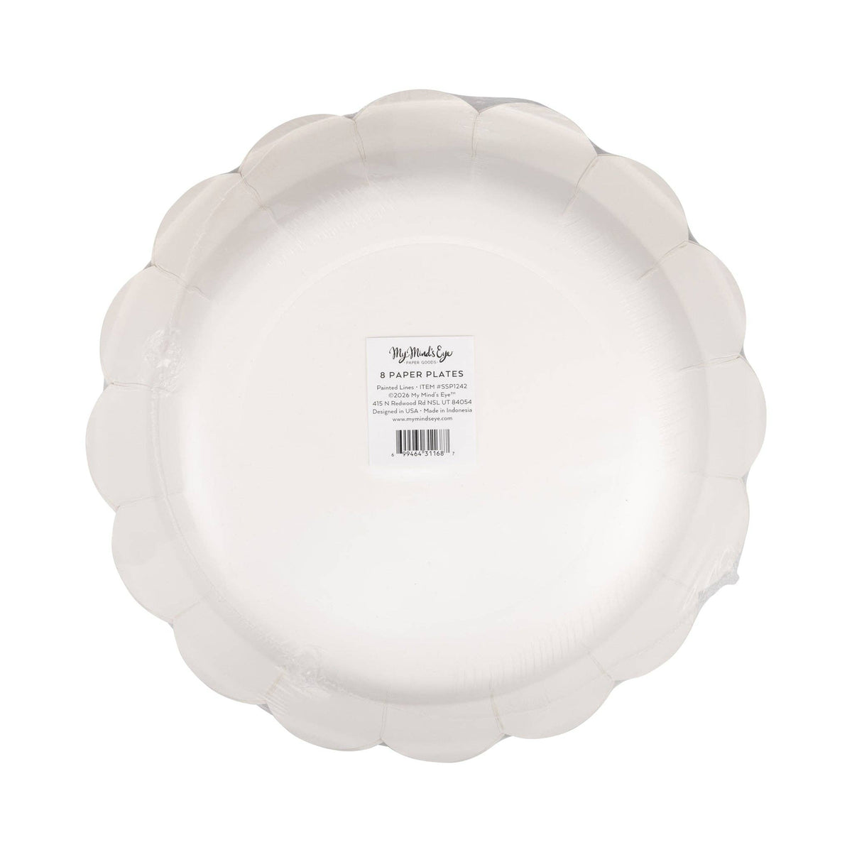 Back of packaging for red striped scalloped paper plates by My Mind's Eye showing 8 paper plates label and barcode