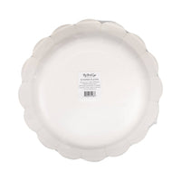 Back of packaging for red striped scalloped paper plates by My Mind's Eye showing 8 paper plates label and barcode