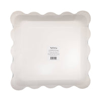 Back of red striped scalloped paper plate showing product label — 8 count, 11" size