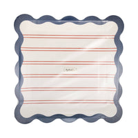 Red striped scalloped paper dinner plate showing red ticking stripes on cream base with navy scalloped border on white background