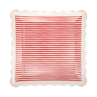 Red and white striped square paper plate with scalloped edges
