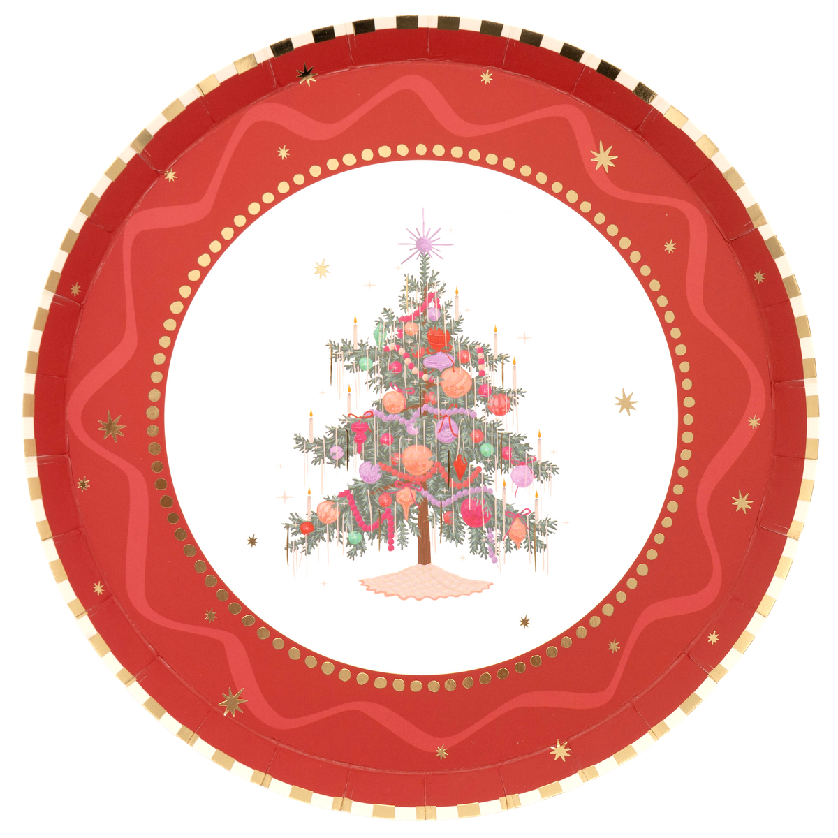 Overhead of the red tree dessert plate with a gold-dot rim and decorated tree on a white center.