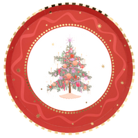 Overhead of the red tree dessert plate with a gold-dot rim and decorated tree on a white center.