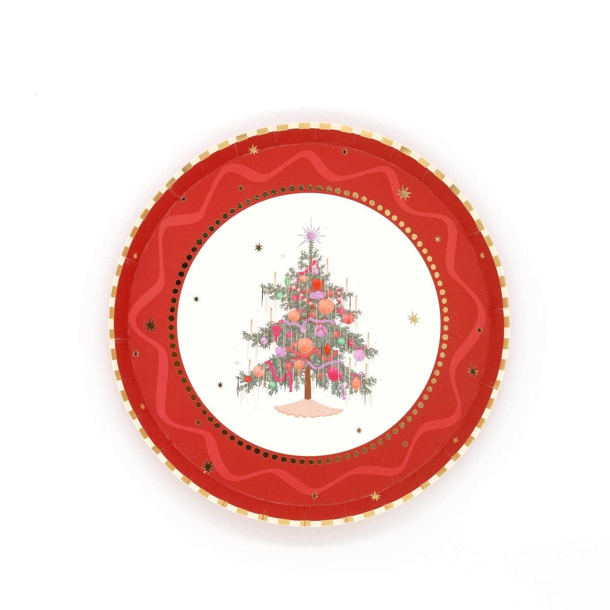 Red dessert plate with a vintage decorated Christmas tree on a white center, gold-dot rim, and red wavy border.