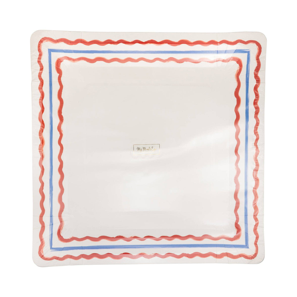 Front view of a cream square 11 inch paper dinner plate with a double red wavy rickrack border and thin blue pinstripe detail, shown at a slight angle on a white background