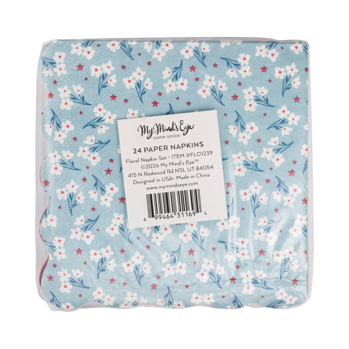 Packaging of floral cocktail napkin set showing light blue blossom design with product label reading 24 paper napkins and floral napkin set
