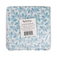 Packaging of floral cocktail napkin set showing light blue blossom design with product label reading 24 paper napkins and floral napkin set
