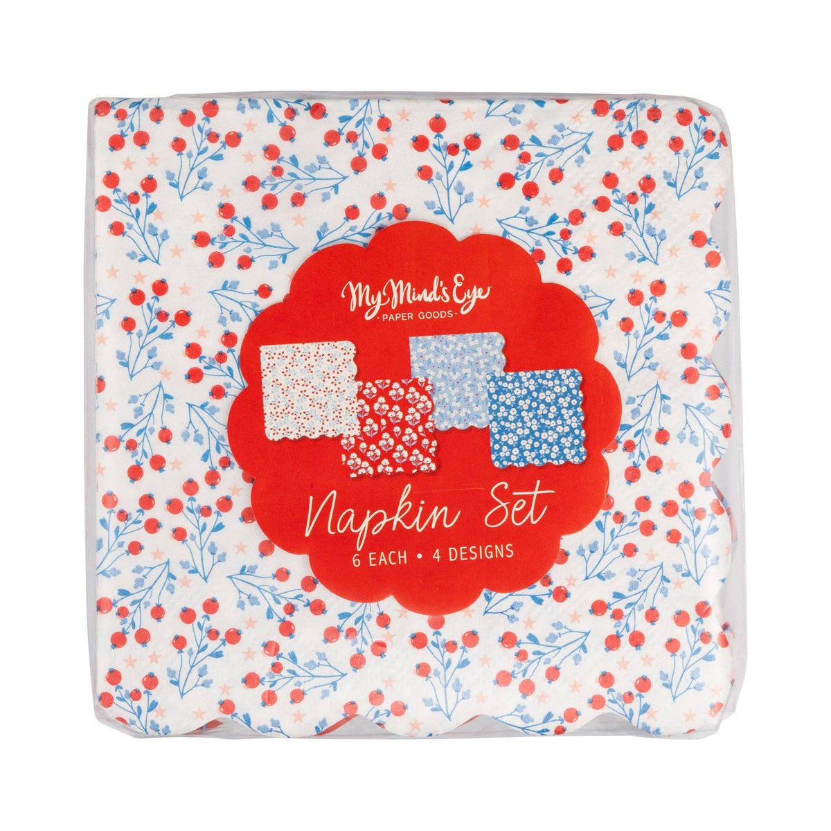 Front of floral cocktail napkin set packaging showing berry vine design with red scalloped label reading napkin set 6 each 4 designs