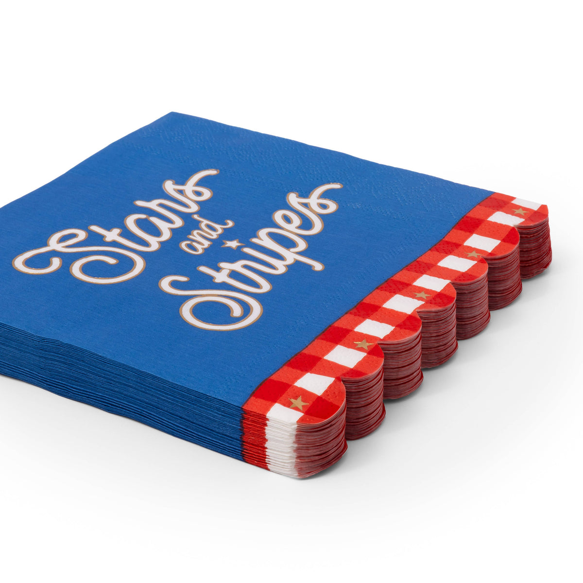 stack of patriotic paper napkins showing scalloped gingham edge detail.