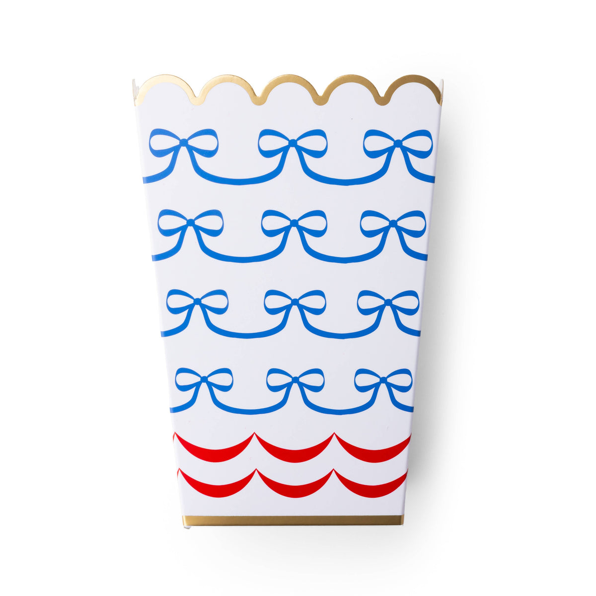 red white blue treat box with bow pattern and scalloped edge detail.