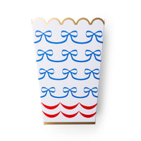 red white blue treat box with bow pattern and scalloped edge detail.