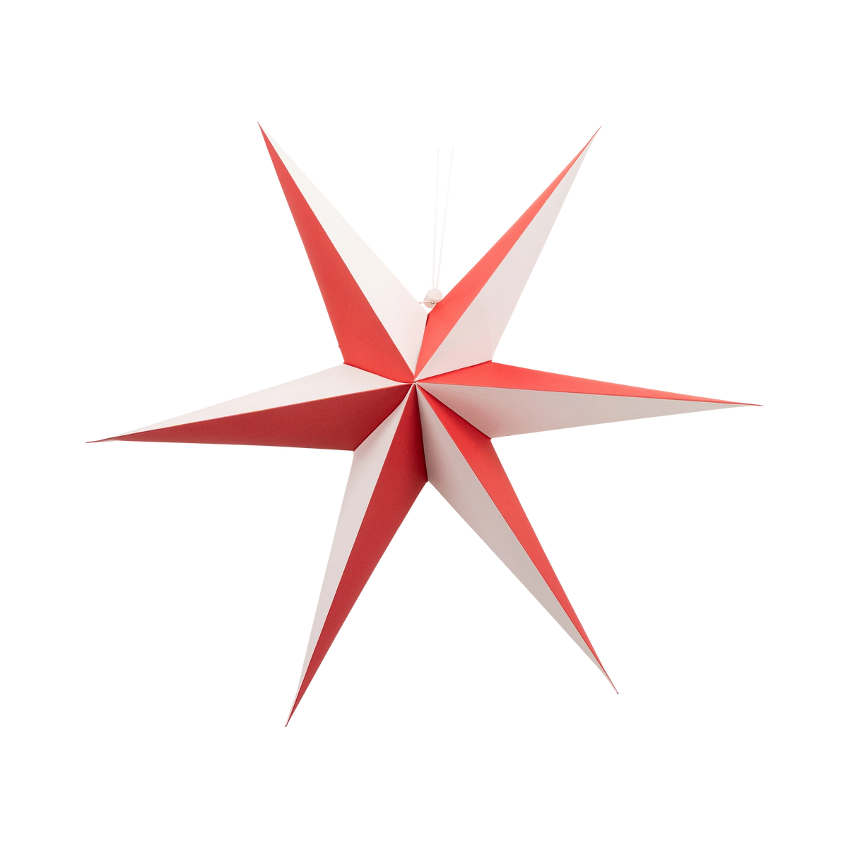 Single red-and-white 3D paper star hanging on a white background.