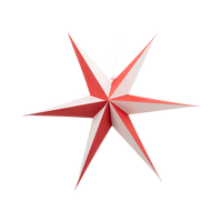 Single red-and-white 3D paper star hanging on a white background.