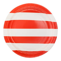 Red and white wide striped round paper plate on a white background