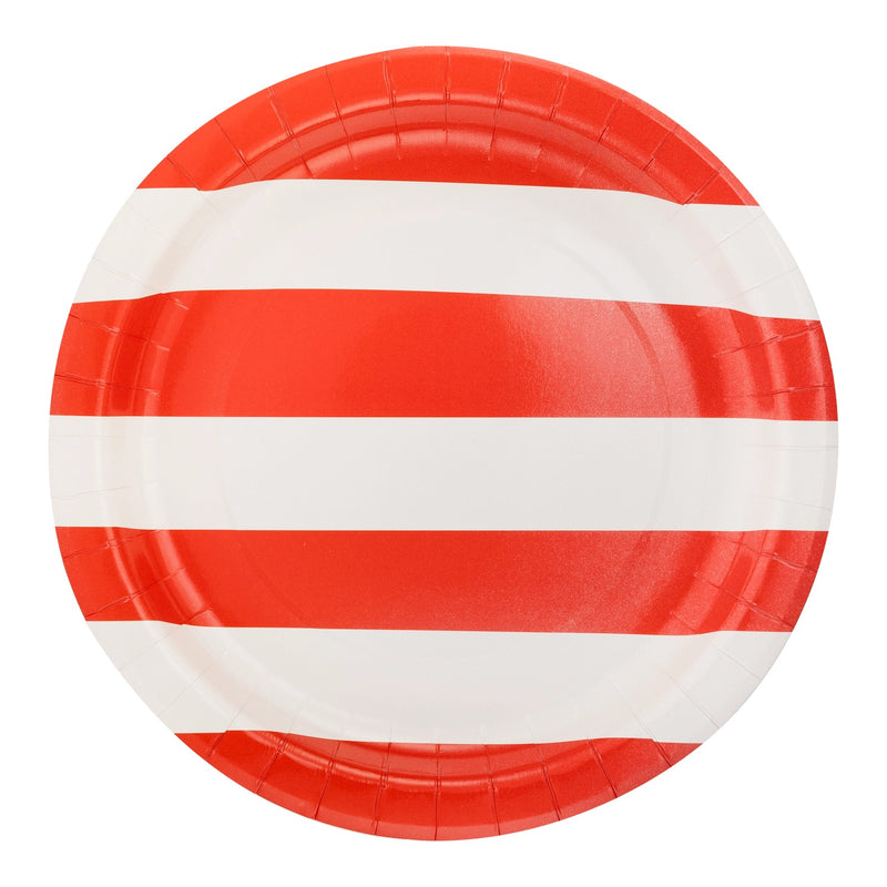 Red and white wide striped round paper plate on a white background