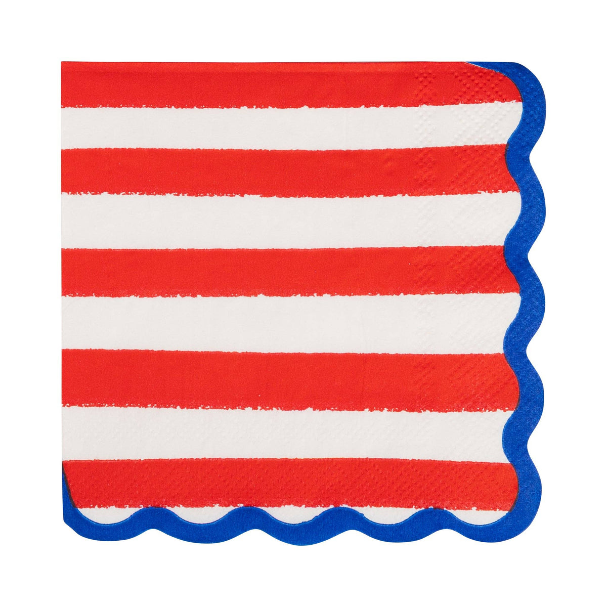 Flat lay of a red and white striped paper cocktail napkin with blue scalloped edge