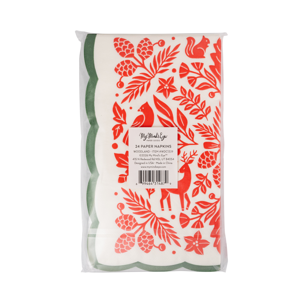 Back of a pack of 24 red woodland scalloped paper dinner napkins in clear packaging