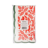 Back of a pack of 24 red woodland scalloped paper dinner napkins in clear packaging