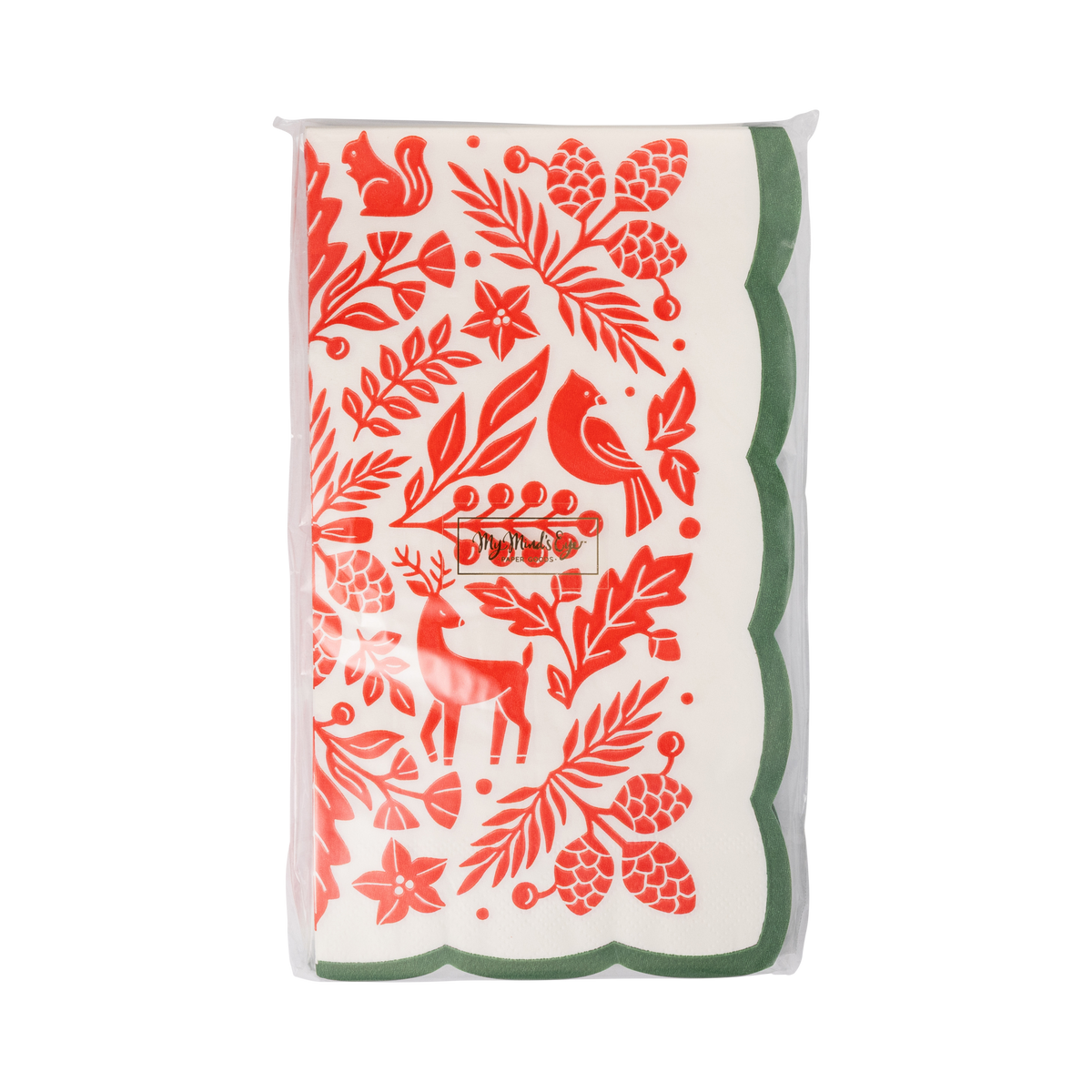 Pack of 24 cream paper dinner napkins with a red woodland folk print and green scalloped edge in clear packaging, front view