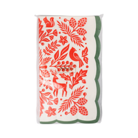 Pack of 24 cream paper dinner napkins with a red woodland folk print and green scalloped edge in clear packaging, front view