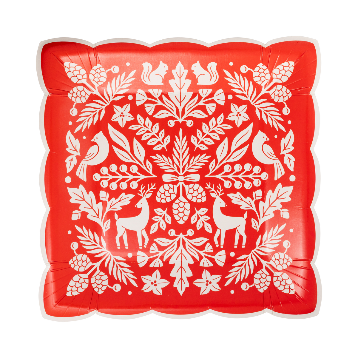 Red square paper plate with a cream woodland folk art design of deer, cardinals, squirrels, and pinecones and a cream scalloped edge