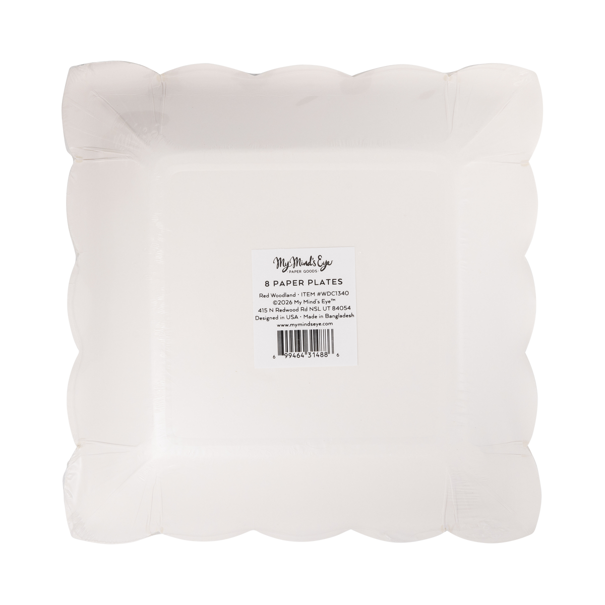 Back of a pack of 8 red woodland square paper plates in clear packaging