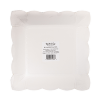 Back of a pack of 8 red woodland square paper plates in clear packaging