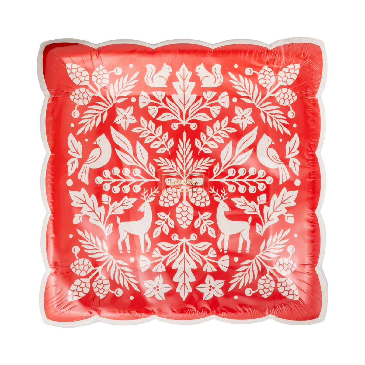Pack of 8 red woodland square paper plates with cream folk art deer, cardinals, and squirrels in clear packaging