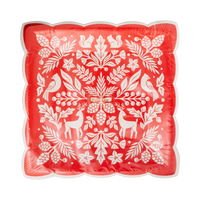 Pack of 8 red woodland square paper plates with cream folk art deer, cardinals, and squirrels in clear packaging